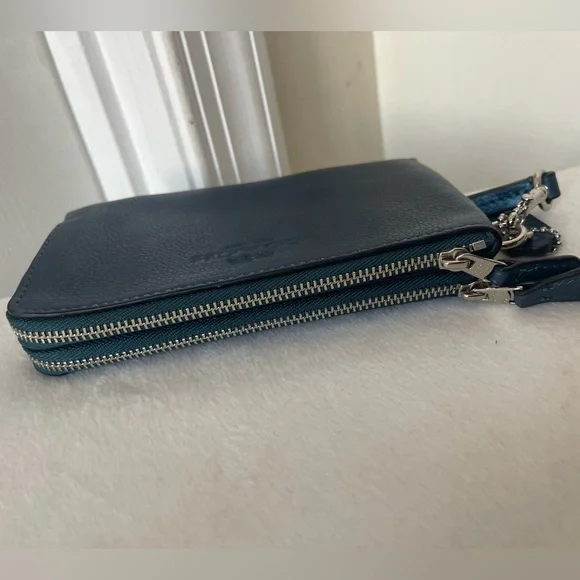 Coach Teal Blue Double Zip Leather Wristlet via - Picture 6 of 12